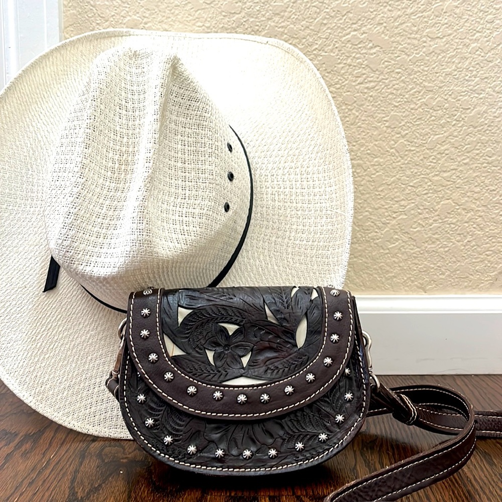 American West adjustable cross body purse in brown with design